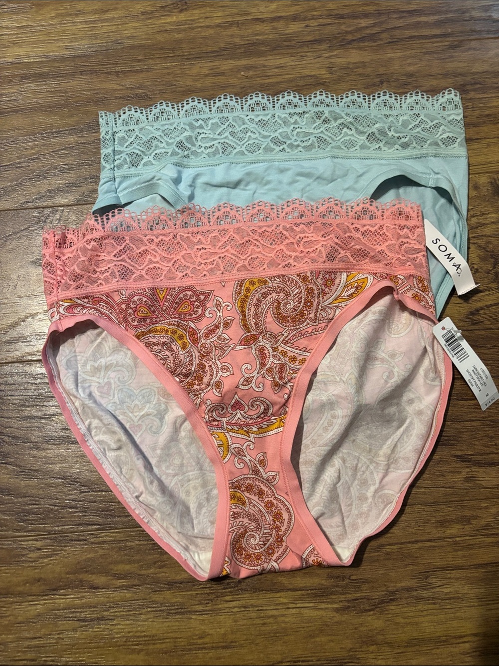 Soma Two-Pack Lace Waist Bikini Panties - Coral Paisley & Mint